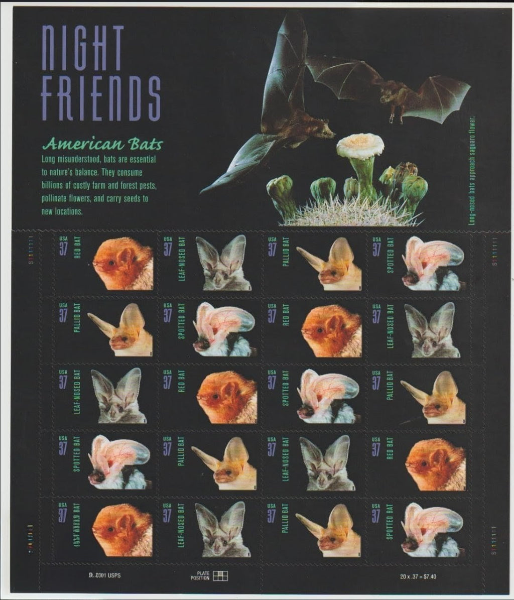 2002 Night Friends 37 Cents USA Stamp Sheet, Bats, Multicolor