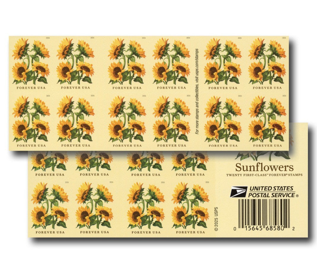 USPS 2026 Sunflowers Stamps Booklet of 20, Flower, Collectible