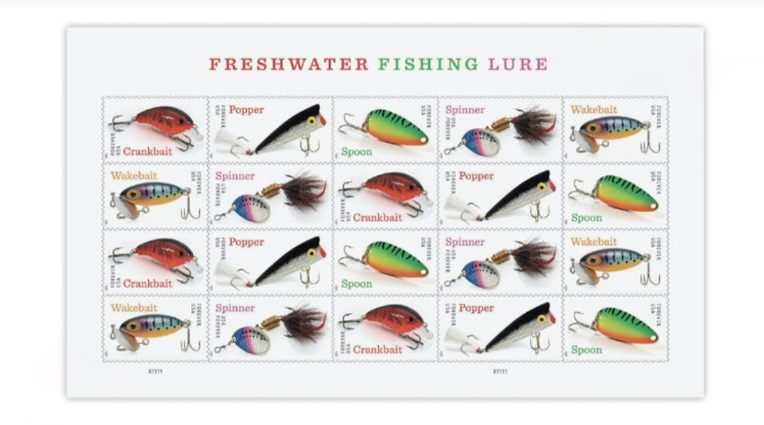 2025 Freshwater Fishing Lures Forever USA Stamp Sheet Of 20, Multicolor