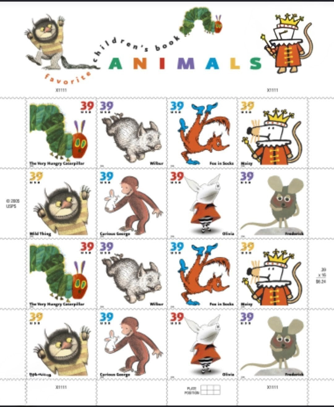 2006 Favorite Children's Book Animals 39¢ USA Stamp Sheet Of 16, Multicolor