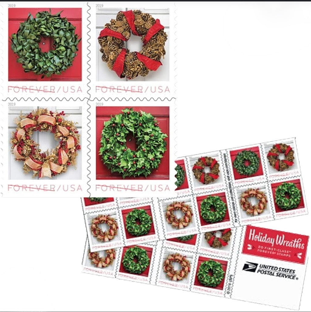 USPS 2019 Holiday Wreaths Forever Stamps Booklet of 20, Winter