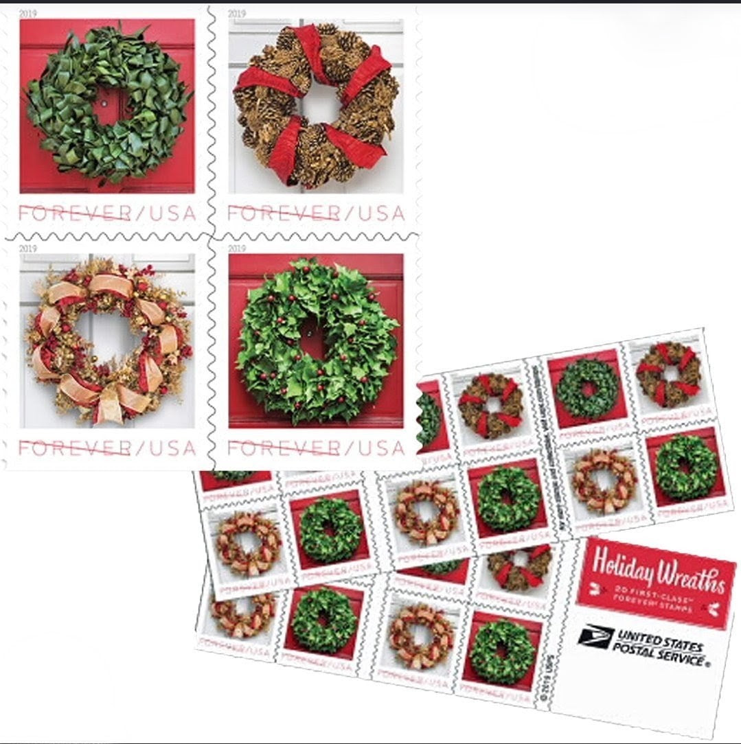 USPS 2019 Holiday Wreaths Forever Stamps Booklet of 20, Winter