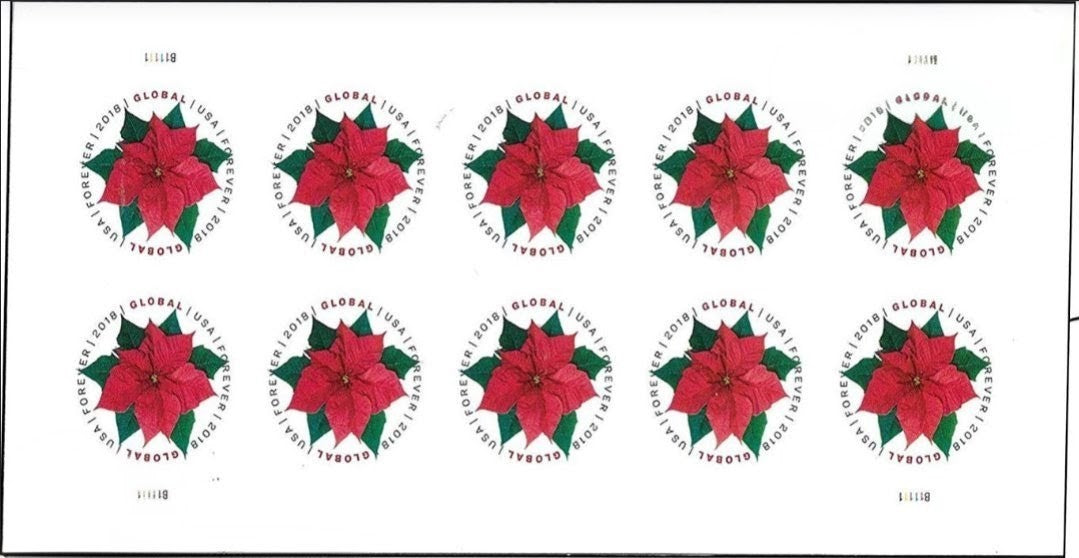 2018 Global Poinsetta, Global Forever USA Stamp Sheet, Flowers, Multicolor