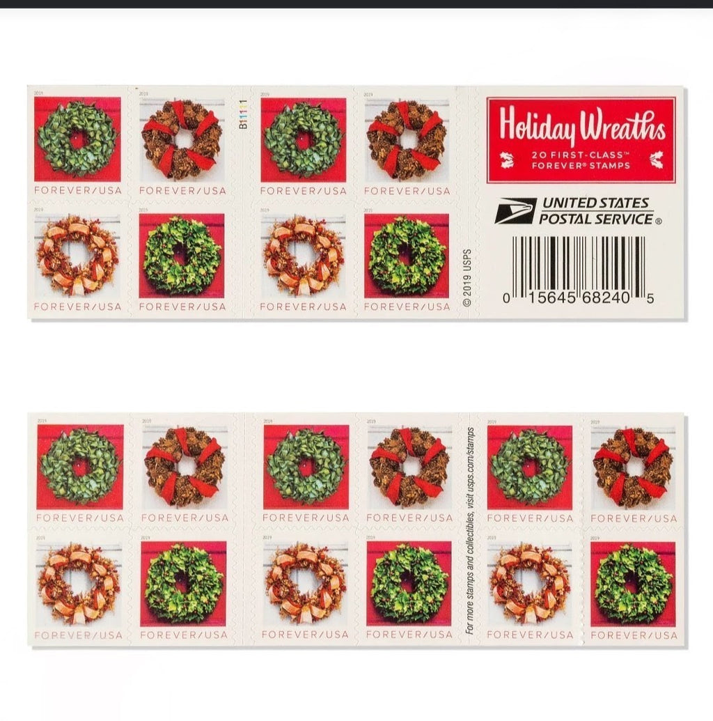 USPS 2019 Holiday Wreaths Forever Stamps Booklet of 20, Winter