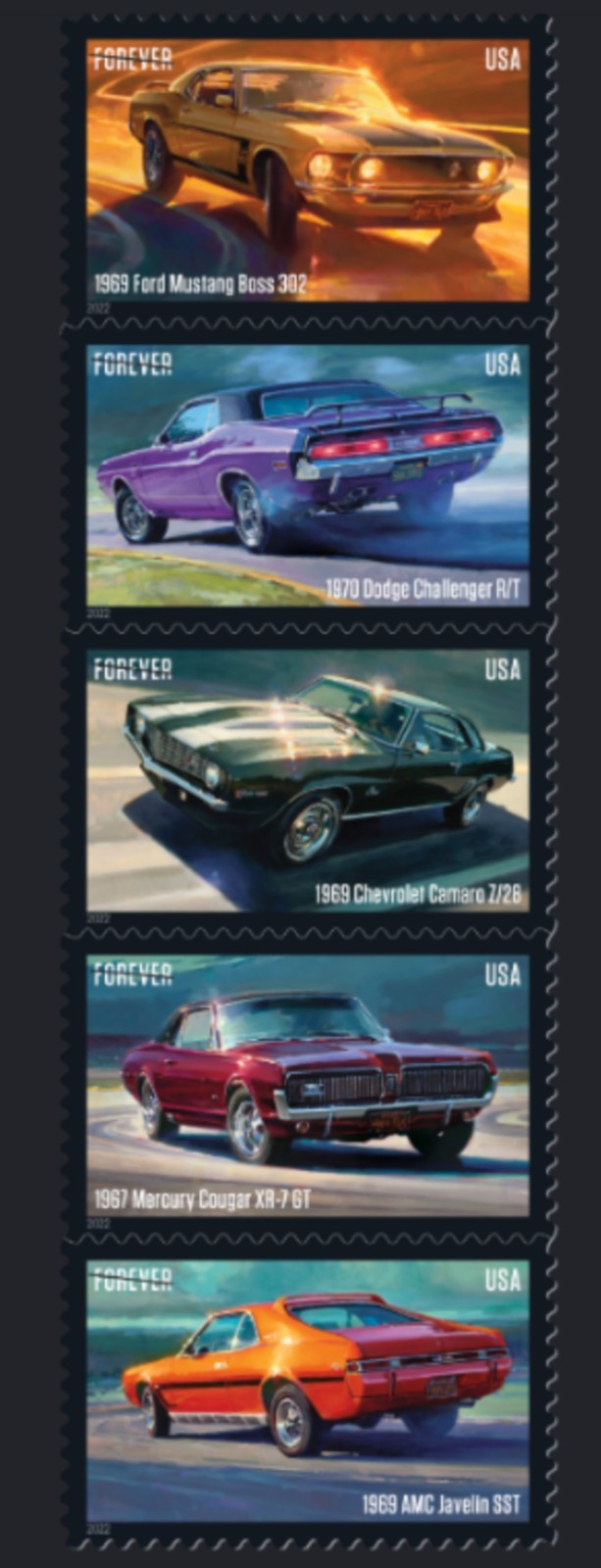 2022 Pony Cars Forever USA Stamp Sheet Of 20, Multicolor