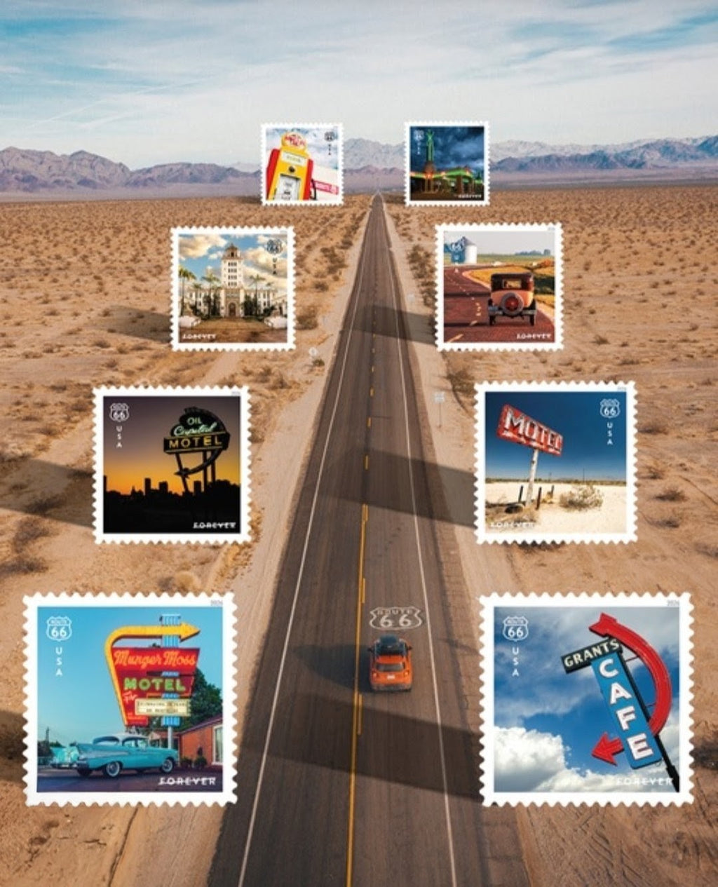 2026 Route 66 Forever USA Stamp Sheet Of 16, Multicolor