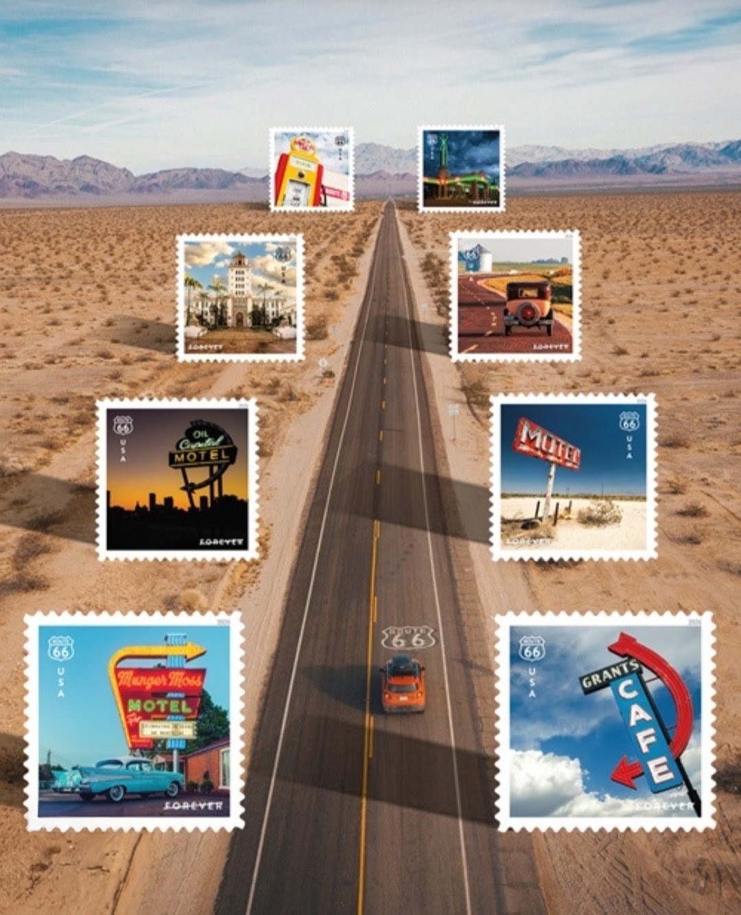 2026 Route 66 Forever USA Stamp Sheet Of 16, Multicolor