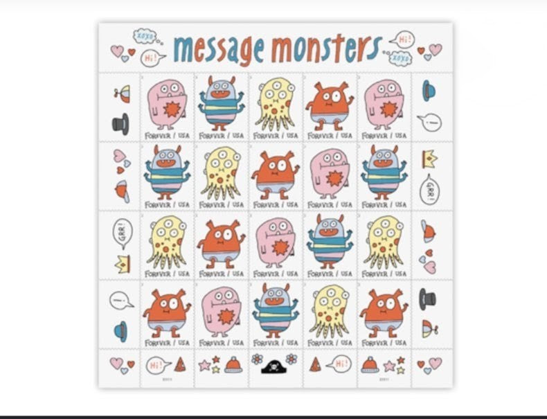 USPS 2021 Message Monsters Forever Stamps Sheet of 20, Cartoon