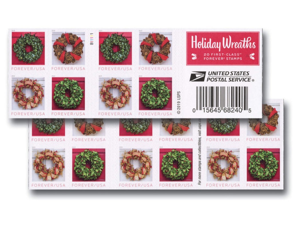 USPS 2019 Holiday Wreaths Forever Stamps Booklet of 20, Winter